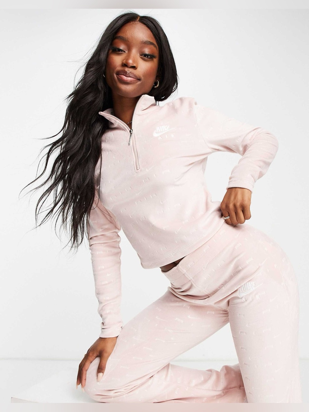 Nike Air Cropped Long Sleeve Velour Top in Pink Oxford With All Over Swoosh